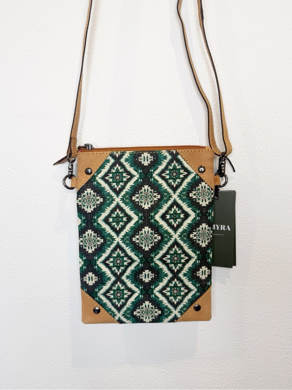 Myra Bag Handcrafted Green Pattern Crossbody Bag